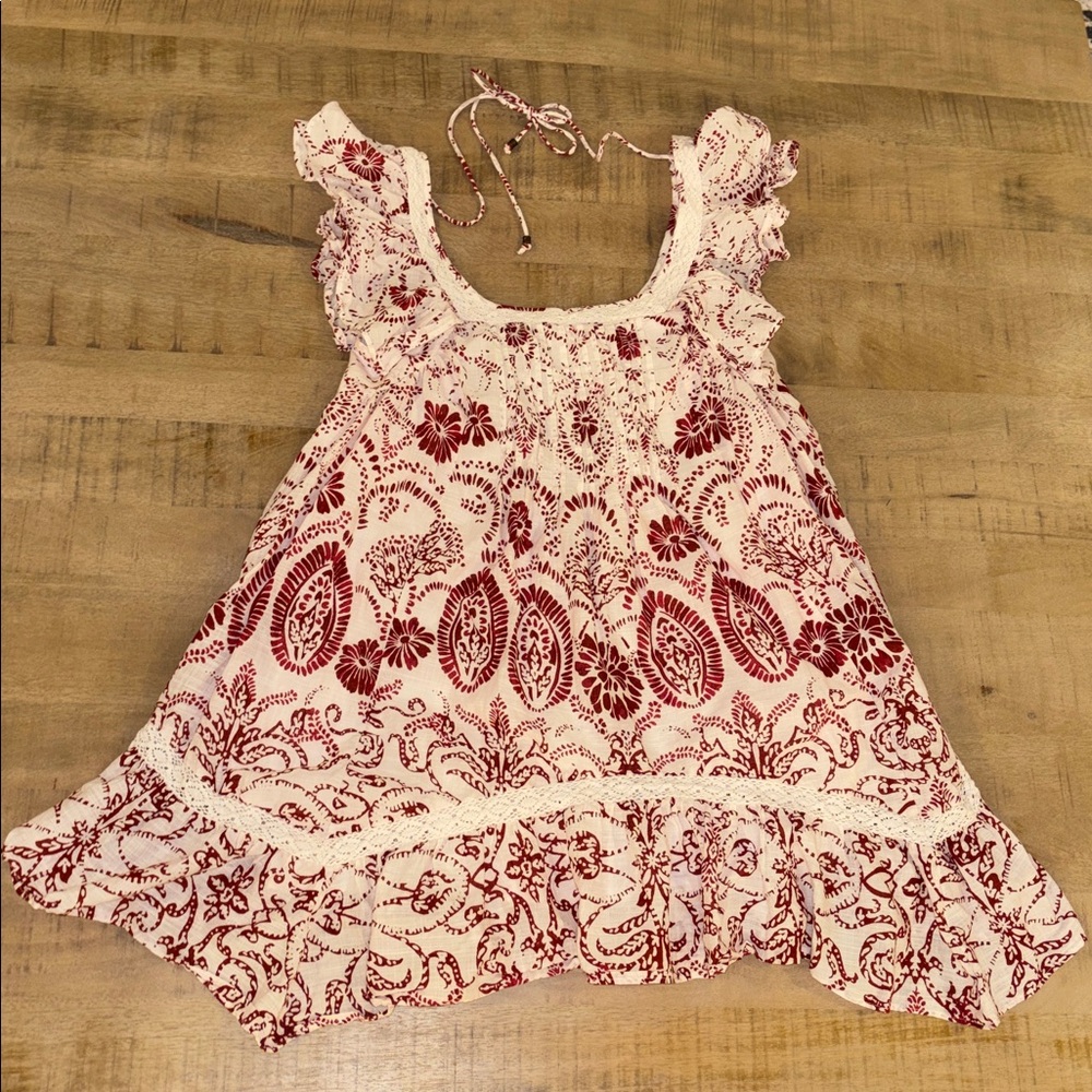 Anthropologie Maeve Flutter-Sleeve Babydoll Mini Dress Raspberry Floral Medium - Picture 2 of 8